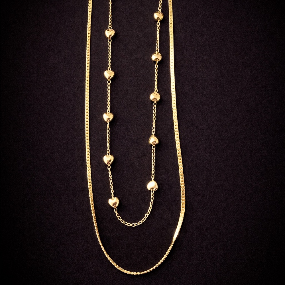 Gold Heart Station Layered Necklace - Elegant Women’s Jewelry